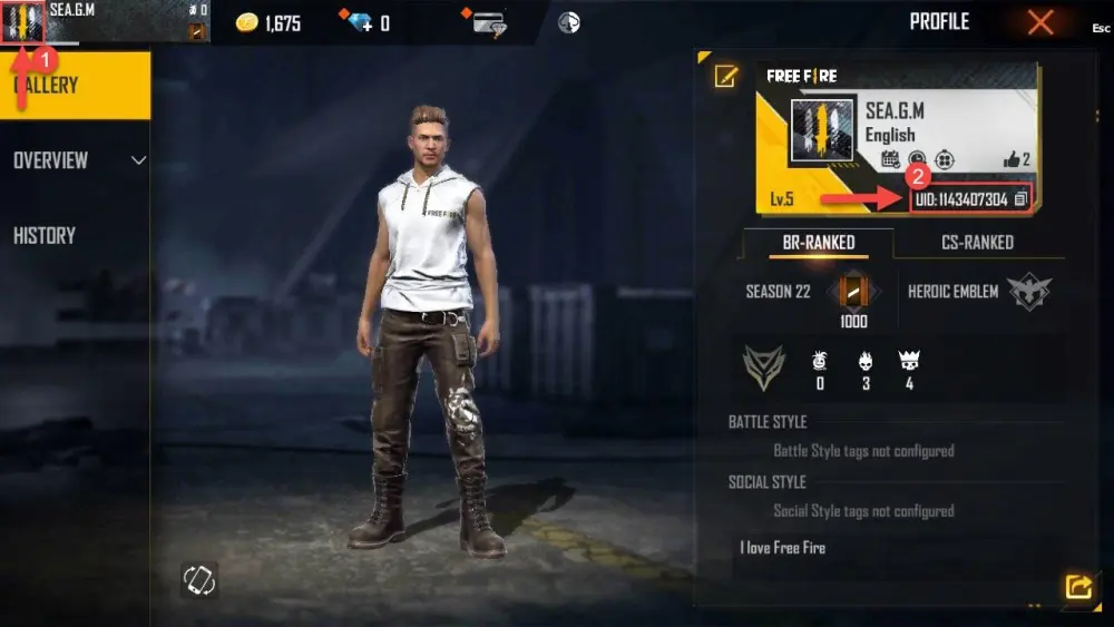 free fire game lobby interface