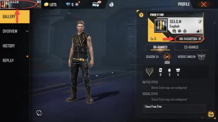 free fire max game user interface player ID