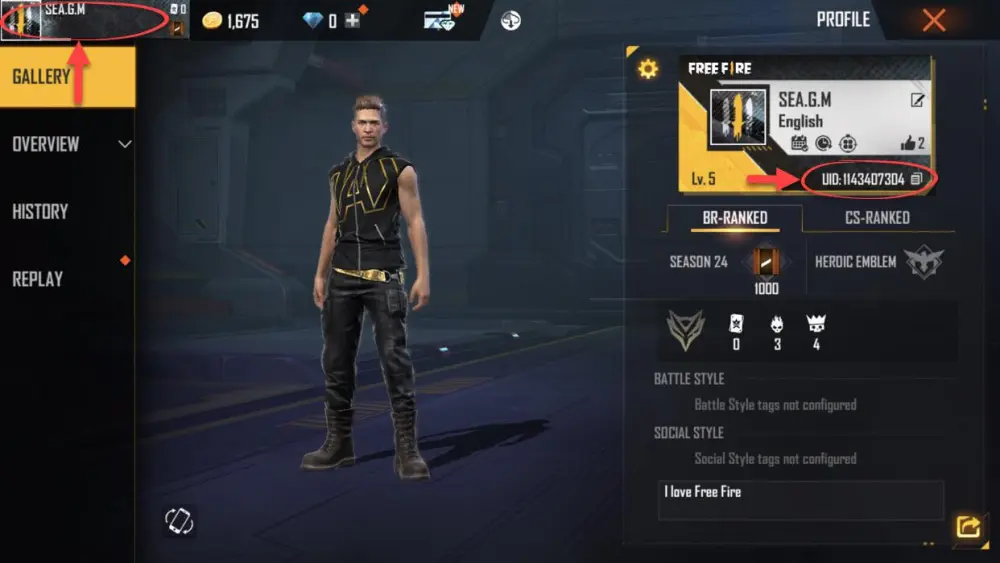 Benutzeroberfläche des Free Fire Max-Spiels mit der Spieler-ID